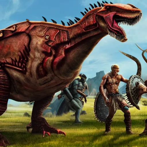 Image similar to Ragnarok with vikings fighting cyborg dinosaurs