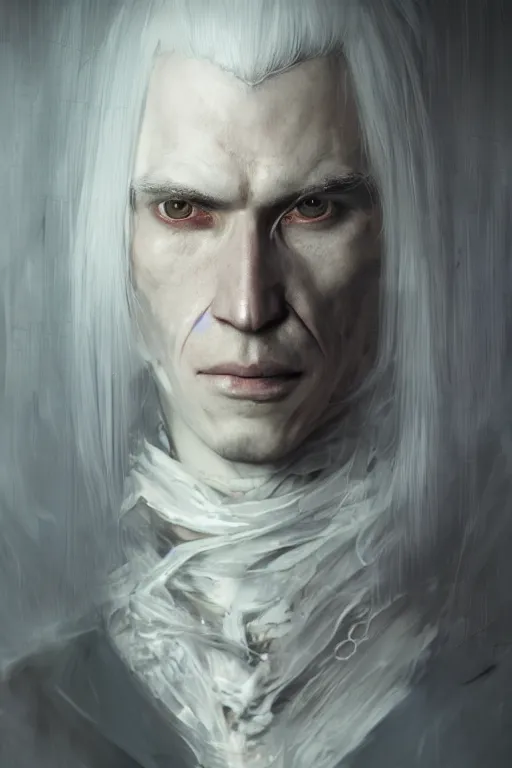 Image similar to a portrait of a toned male automaton with long white hair and pale skin with joints still visible by greg rutkowski, sung choi, mitchell mohrhauser, maciej kuciara, johnson ting, maxim verehin, peter konig, bloodborne, 8 k photorealistic, cinematic lighting, hd, high details, dramatic, dark atmosphere, trending on artstation