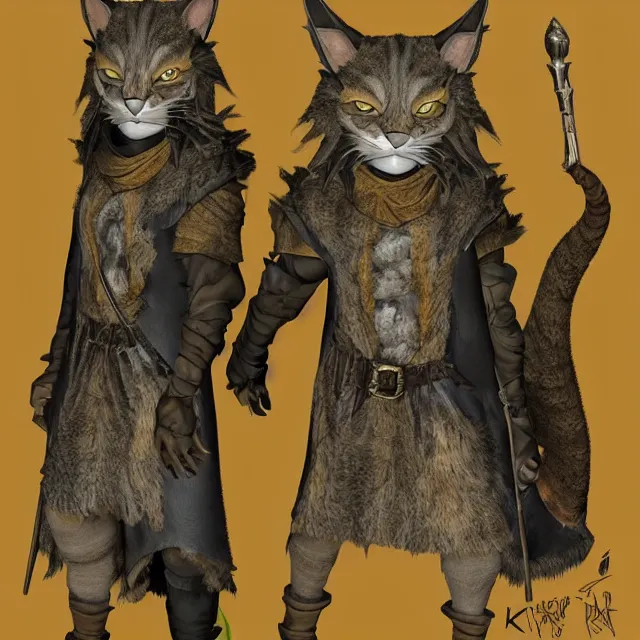 Image similar to khajit tabaxi catfolk humanoid with maine coon features black fur with a scar on the left eye and holding two shortswords cloaked in shadow and wearing hooded leather armor agile, dungeons and dragons, fantasy, tarot card style, high detail, hyper realistic