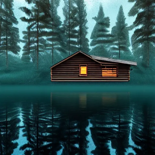 Prompt: a cabin in the woods underwater, dense trees, dark and eerie, 8k, high definition, highly detailed, photo realistic