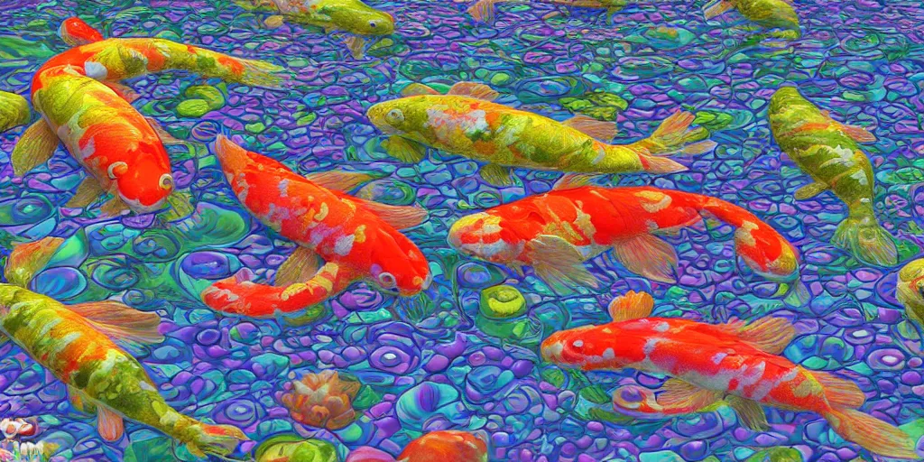 Image similar to psychedelic koi fish pond, mc escher, hyper detailed illustration, unreal engine 5,