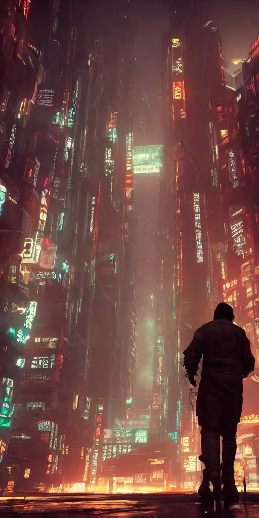 Image similar to a cyberpunk under-dweller in a sprawling Moon city, Koji Morimoto, Akira, Blade Runner, Necromunda, rendered in unreal engine 3D, octane render, volumetric lighting, anti aliasing, clean linework
