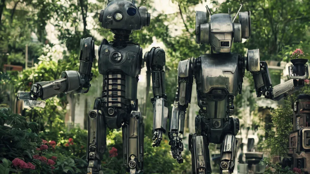 Image similar to film still from the movie chappie of the robot chappie shiny metal outdoor park plants garden scene bokeh depth of field furry anthro anthropomorphic stylized cat ears head android service droid robot machine fursona