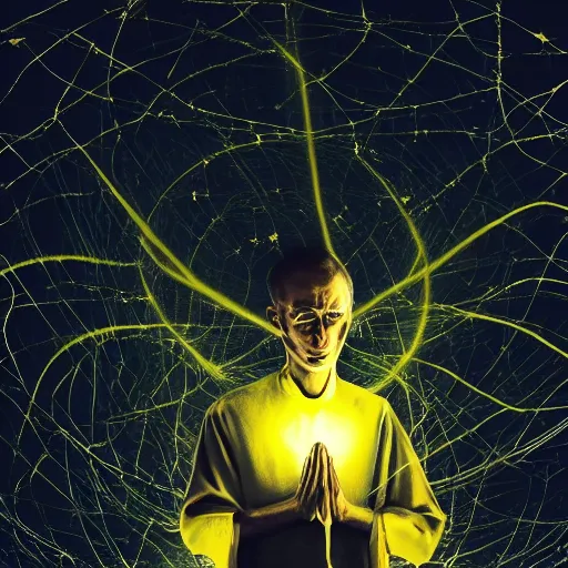 Image similar to Close up of a young, thin and stern catholic priest fervently praying as he is about to die from the ominous Lovecraftian yellow shadow descending upon him from the night sky. The yellow shadow feels very oppressive and terrifying. Low angle, dramatic lighting. Award-winning digital art, trending on ArtStation
