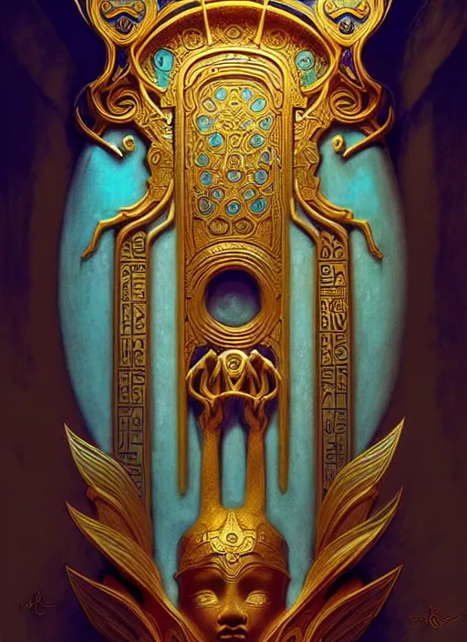 Prompt: ornate sacred sarcophagus, art nouveau hieroglyphics, cyan and gold palette, symmetry, fantasy, intricate, elegant, highly detailed, colorful, dark colors, dramatic shadow, digital painting, artstation, concept art, art by artgerm and greg rutkowski and ruan jia,