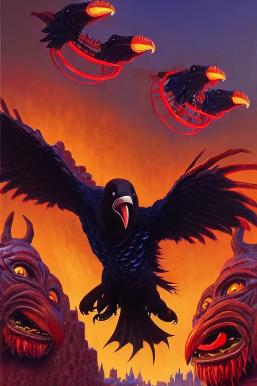 Prompt: classic oil painting, a giant evil raven with red eyes, as a dnd character, terrorizing a rollercoaster ride, cottagecore, highly detailed, digital illustration, concept art, smooth, sharp focus, art by tim hildebrandt, and greg hildebrandt