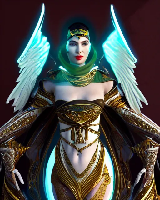 Image similar to smiling egyptian queen wearing white dove wings, warframe armor, regal, attractive, ornate, sultry, elize theron, pretty face, green eyes, scifi platform, 4 k, ultra realistic, epic lighting, illuminated, cinematic, black gold, art by akihito tsukushi, voidstar