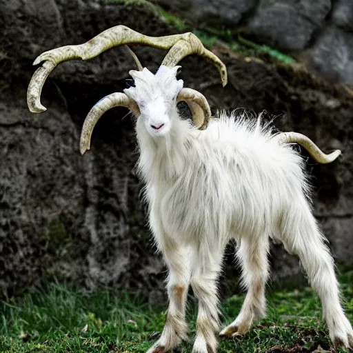 Image similar to screeching mutant goat monster with bug sharp teeth and filthy white matted fur