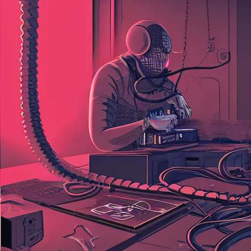 Prompt: Octopus fixing a computer, Industrial Scifi, detailed illustration, Chiaroscuro, character portrait, by Martin Grip and Moebius