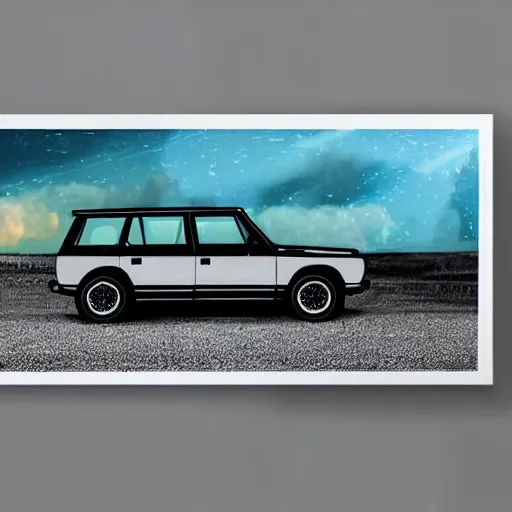 Image similar to rangerover driving down a windey road with noctoluminescent clouds in the sky, simplistic style, 1 9 8 0 s poster style