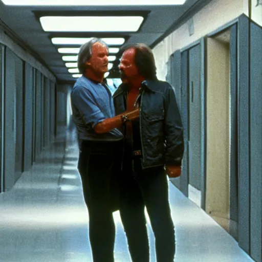 Image similar to movie still, 1 9 8 0 s, harrison ford and john carpenter talking, sci - fi corridor in the background, photorealistic, hyperdetailed, by ridley scott and john carpenter, blue leds