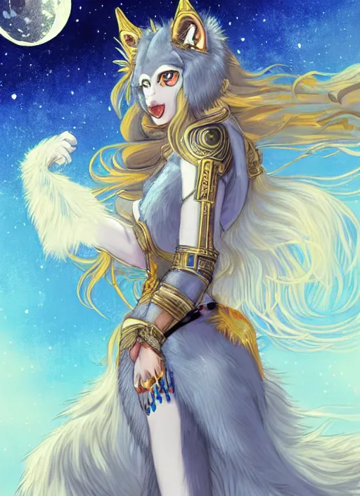 Image similar to commissioned full body portrait of a female anthro wolf princess fursona with white fur and long red hair hair wearing a blue and gold Japanese armored dress in a white and gold palace on a starry night with a large crescent moon, by a professional manga illustrator, by Kilian Eng, by Sandra Chevrier, trending on artstation