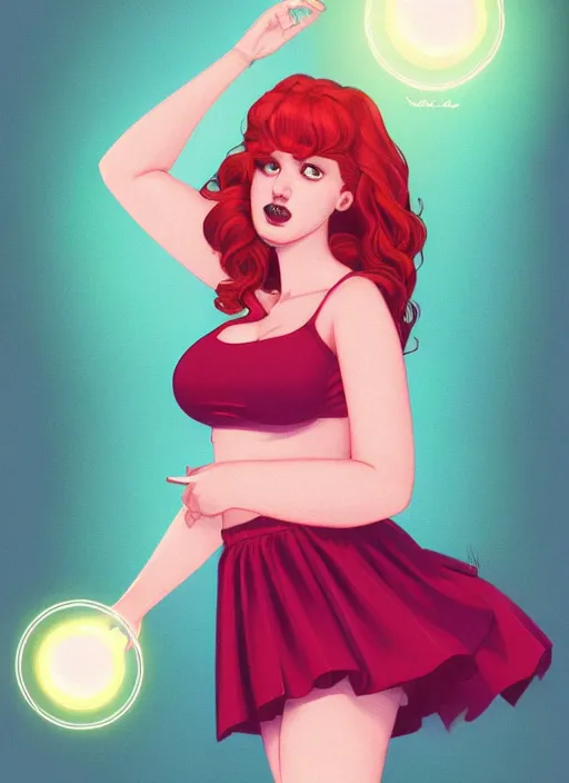 Prompt: full body portrait of teenage cheryl blossom, chubby, bangs, green eyes, sultry expression, red hair, sultry smirk, bangs and wavy hair, pink skirt, fat, intricate, elegant, glowing lights, highly detailed, digital painting, artstation, concept art, smooth, sharp focus, illustration, art by wlop, mars ravelo and greg rutkowski