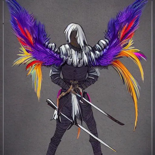 Prompt: medieval weapon, long spear made of feathered wings, prismatic, multi colored feathers, anime style, white background