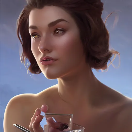 Image similar to Epic portrait, an muscular waitress serving a drink, Brown hair flow, pretty, glossy skin, digital painting, artstation, concept art, soft light, hdri, smooth, sharp focus, illustration, fantasy, intricate, elegant, highly detailed, D&D, matte painting, in the style of Greg Rutkowski and Alphonse Mucha and artemisia, 8k, highly detailed, jurgens, rutkowski, bouguereau, pastoral, rustic, georgic