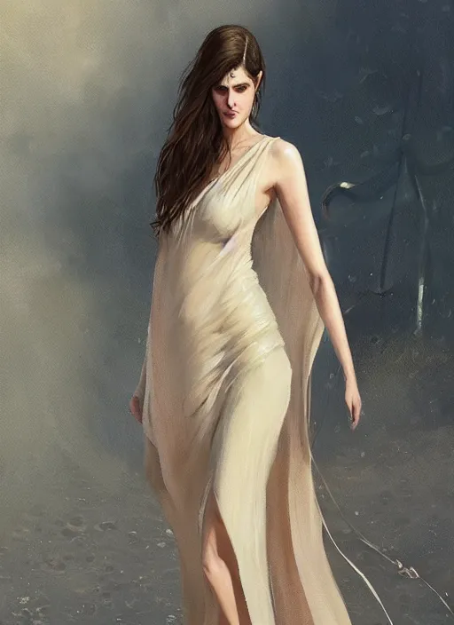 Image similar to a digital painting of Alexandra Daddario wearing a kaftan dress, by netter, beautiful, gorgeous, long hair, style from greg rutkowski, beautiful eyes, full frame, oil painting, featured on artstation, concept art, smooth, sharp focus, illustration, very detailed, ambient lighting, unreal engine render, concept art by Atey Ghailan, by Loish, by Bryan Lee O'Malley