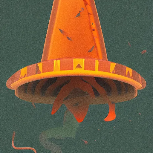 Image similar to orange striped traffic cone with shark teeth around the bottom opening, ocean background detailed atmospheric - ron cheng & alphonse mucha, highly detailed, digital painting, ray tracing, concept art, illustration, smooth sharp focus, intricate, symmetry, artstation,