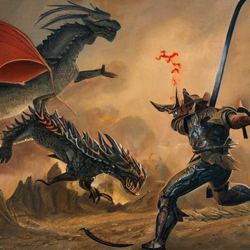 Image similar to a detailed oil painting of an action filled scene depicting jordan peterson slaying a dragon with a sword