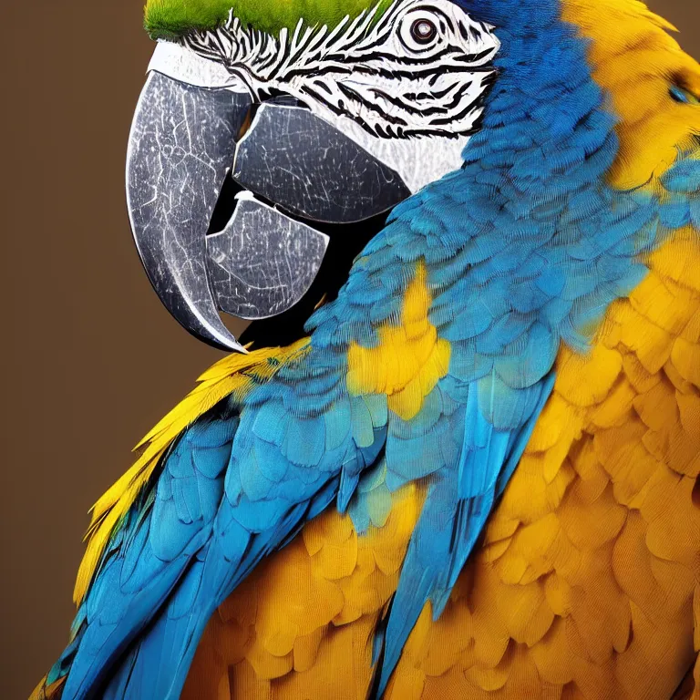 Image similar to octane render portrait by wayne barlow and carlo crivelli and glenn fabry, a single beautiful colorful blue and gold macaw, surrounded by shiny reflective aluminum foil, cinema 4 d, ray traced lighting, very short depth of field, bokeh