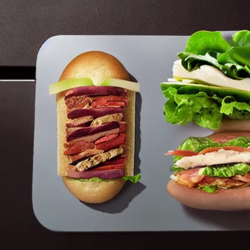 Prompt: still from ad for panera's new nlt sandwich ( nails, lettuce, and tomato )