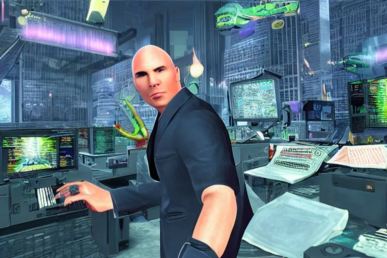 Image similar to pitbull mr. worldwide in a ps 1 game, in 2 0 5 5, y 2 k cybercore, still from a ridley scott movie