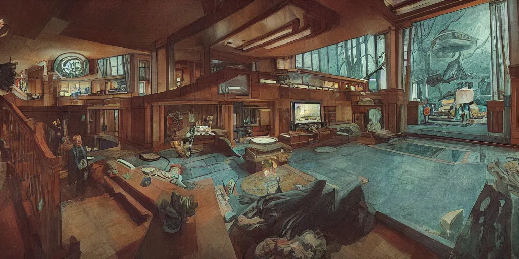 Prompt: main protagonist inside living room of insanely wealth man's frank lloyd wright style mansion in maine being hunted by shadows, game concept art, steven king, 1980s, retro, highly detailed, artstation, wide angle lens