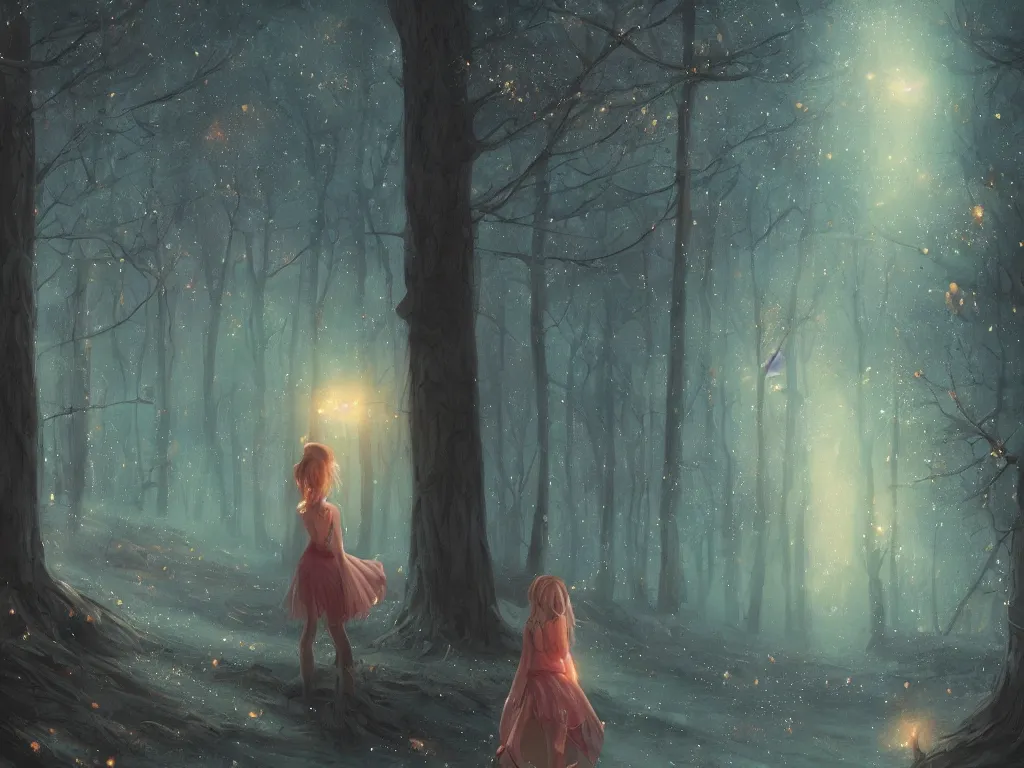 Image similar to Whimsical beautiful painting of a girl's back facing away, looking towards a glowing magical forest full of fireflies, cgsociety, trending on artstation