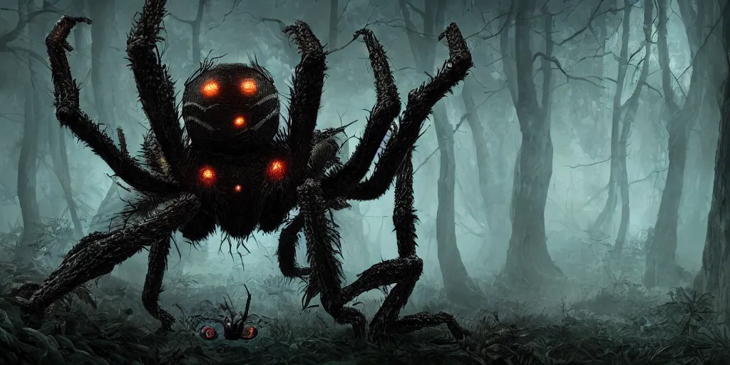 Prompt: huge spider monster in a dark forest, creeping from behind, dark fantasy, 4k, highly detailed, wallpaper, trending on ArtStation, prints available