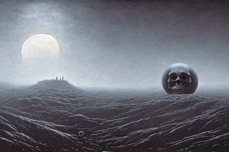 Image similar to a surreal and awe - inspiring science fiction landscape, moon in the sky looks like a skull, intricate, elegant, highly detailed matte painting by beksinski and simon stalenhag