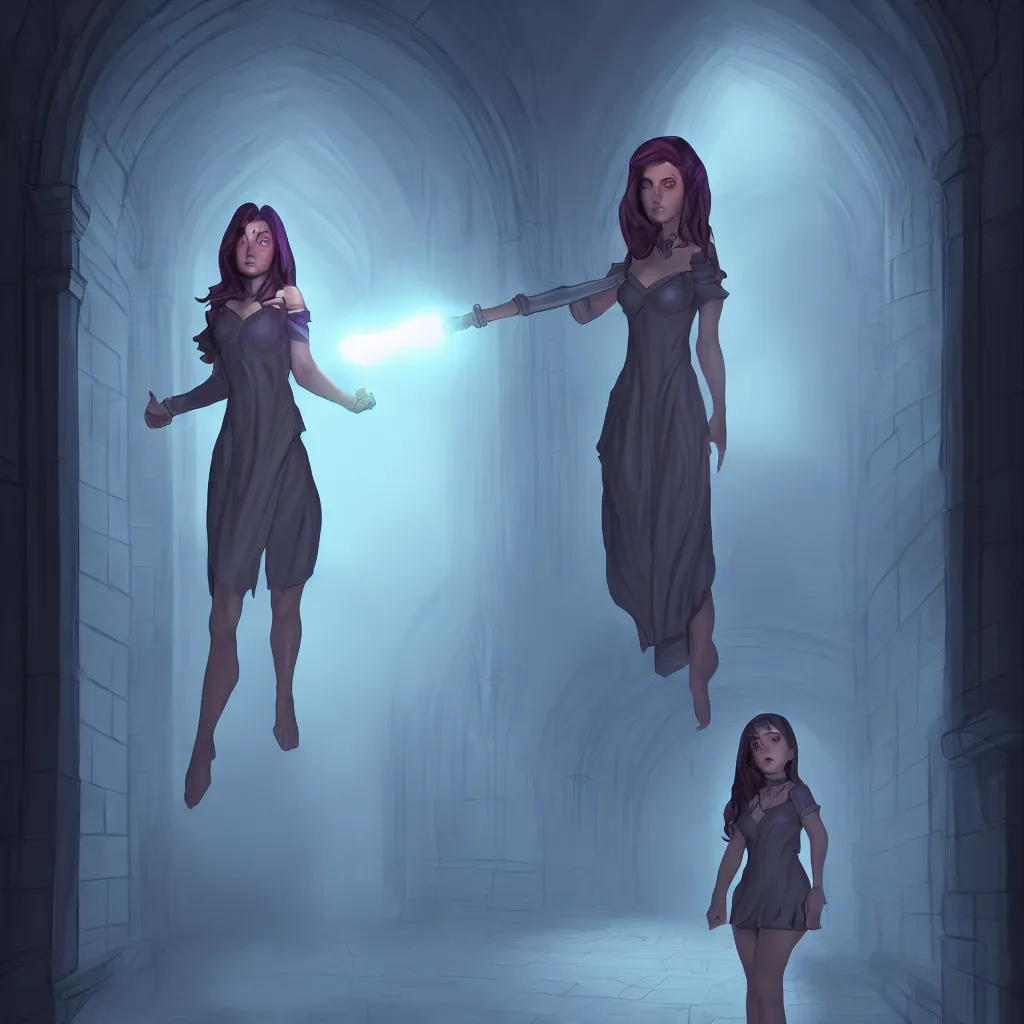 Image similar to wizard girl, standing in crypts casting a spell, 3 point perspective, volumetric lighting, in the style of Artgerm