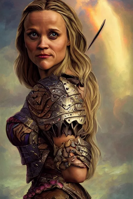 Image similar to A fantasy comic book style portrait painting of, hybrid of Reese Witherspoon, Rachel McAdams, as an Atlantean, Reptilian Warrior, Mystical Valkyrie, Armor, Sword, Spear, Sheild, François Boucher, Oil Painting, unreal 5, DAZ, hype realistic, octane render, Regal, Refined, Coherent, Detailed Digital Art, RPG portrait, William-Adolphe Bouguereau, Michael Cheval, Walt Disney (1937), Steampunk, golden dappled lighting, dynamic lighting, Highly Detailed, Cinematic Lighting, Unreal Engine, 8k, HD