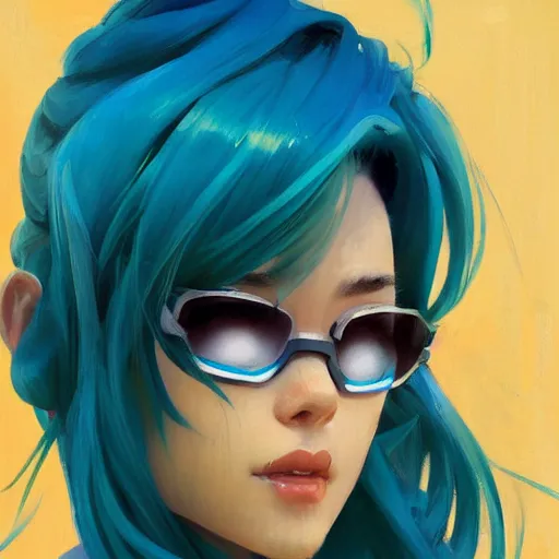 Image similar to greg manchess portrait painting of asada shino sinon as overwatch character, turquoise hair, medium shot, asymmetrical, profile picture, organic painting, sunny day, matte painting, bold shapes, hard edges, street art, trending on artstation, by huang guangjian and gil elvgren and sachin teng