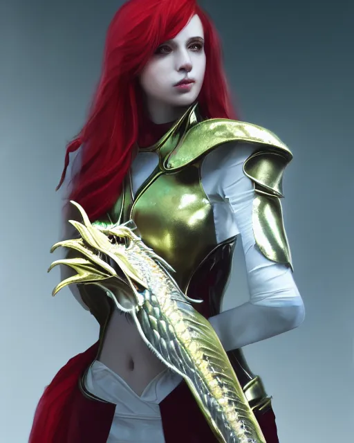 Prompt: red - haired final fantasy white marble egyptian nun caressing her shiny rainbow dragon, warframe armor, regal, attractive, ornate, sultry, sexy, beautiful, pretty face, green eyes, scifi platform, 4 k, ultra realistic, epic lighting, illuminated, cinematic, black gold, art by alexandra petruk, voidstar