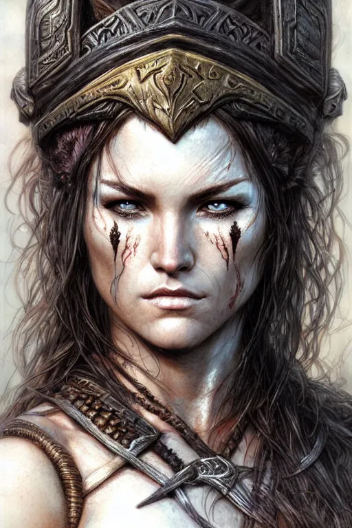 Prompt: head and shoulders portrait of a barbarian, female, high fantasy, d & d, face details, extremely detailed, digital illustration, by luis royo, magali villeneuve, donato giancola, wlop, krenz cushart, artgerm