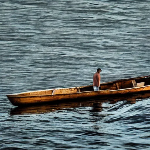 Prompt: realistic photo of a man standing in a small boat swimming in a sea of broken mirrors