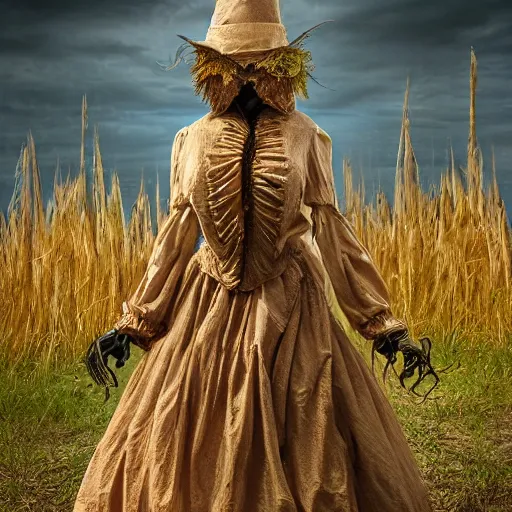 Image similar to female scarecrow hyper realistic, elegant, ornate, elite, horror, creepy, ominous, haunting, cinematic lighting, metal plate photograph, unreal engine, symmetrical, cinematic centered camera, high detail by Isaac Levitan, Frederic Church and Vasily Perov