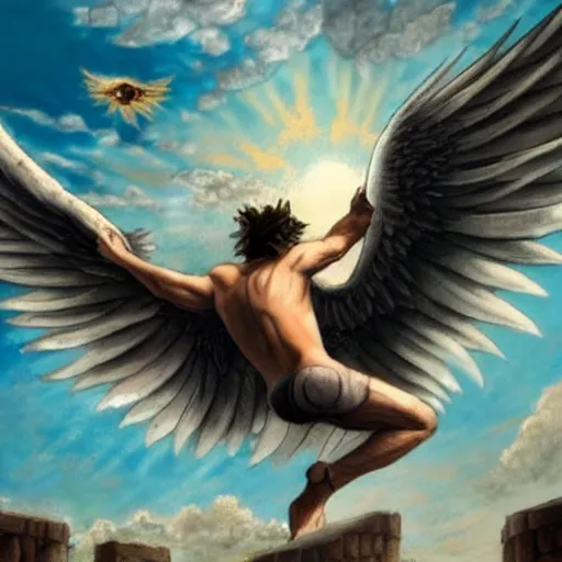 Prompt: tatoo art of icarus flying over some ruins