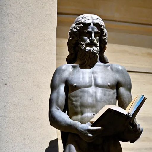 Prompt: greek statue of leonardo davinci holding a book