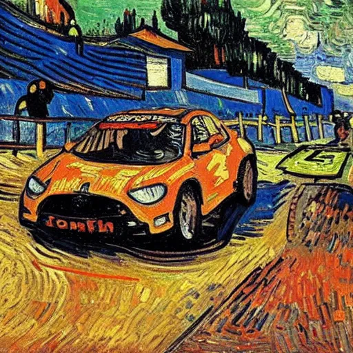 Image similar to pit lane accident. painted by van gogh. bright colors . extreme heat