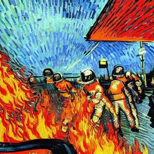 Image similar to fiery pit lane accident. painted by van gogh. bright colors . extreme heat