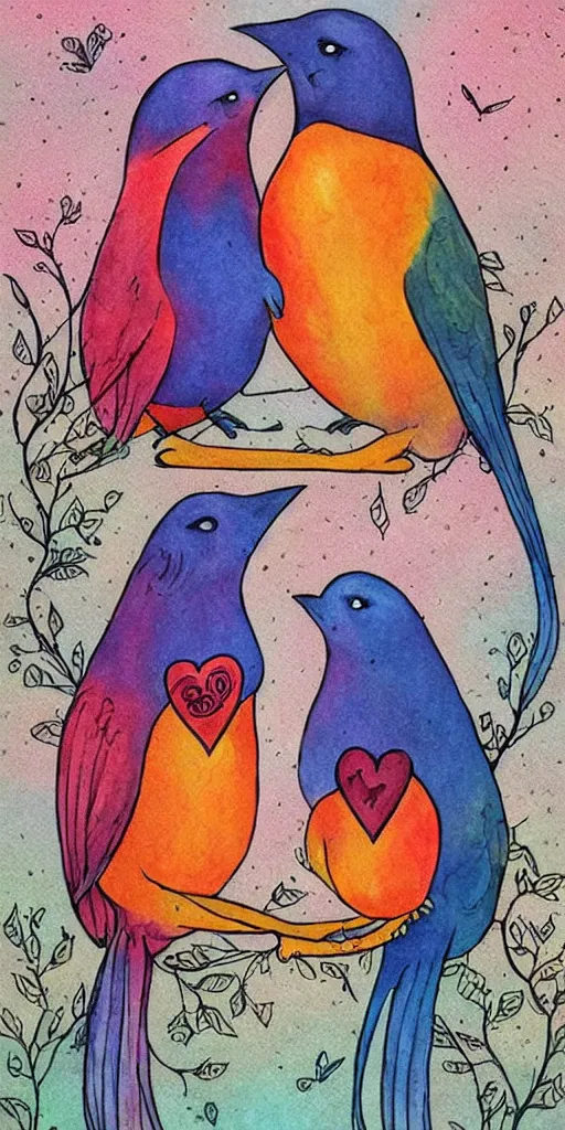 Prompt: greeting card, love, 2 affectionate birds, by kelly mckernan, warm colors, cozy