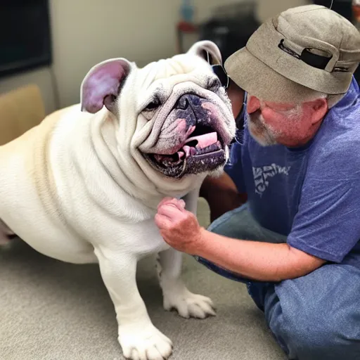 Prompt: Buddy the graying middle aged homeless man playing xbox and petting King Chales the english bulldog wearing a crown, dog wearing a crown