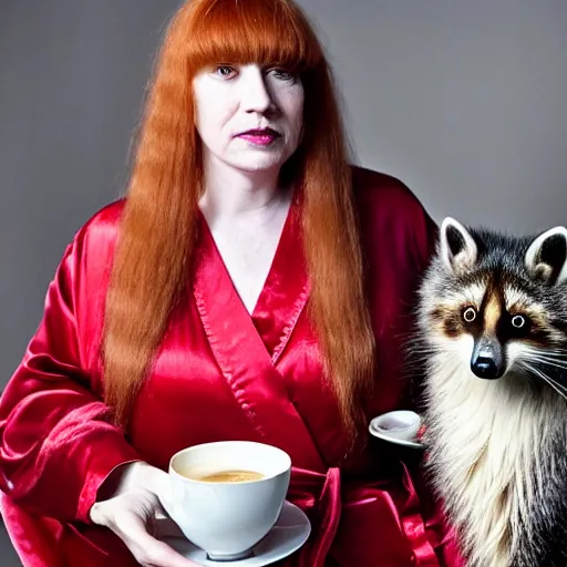 Image similar to a stunning hyper-detailed photo of a slender beautiful woman with straight long ginger hair and bangs, wearing a luxurious silk robe, wearing headphones and posing with her large ginger tabby cat and raccoon and parrots in a red overstuffed easy chair in her Victorian living room, holding a porcelain parrot-shaped coffee mug and a donut, perfect eyes, fashion photography, dramatic cinematic lighting, octane render, IBEX Masters, unreal engine, 85 mm lens, paisley wallpaper