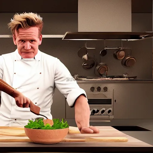 Image similar to unreal engine 5 photorealistic Gordon Ramsey cooking a unicorn in a pot in a intricate kitchen 4k