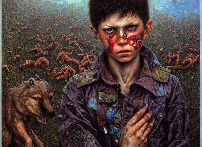 Prompt: realistic detailed image of a boy surrounded by angry stray dogs in an old soviet yard in st petersburg. by Ayami Kojima, Amano, Karol Bak, Greg Hildebrandt, and Mark Brooks, Neo-Gothic, gothic, rich deep colors. Beksinski painting, part by Adrian Ghenie and Gerhard Richter. art by Takato Yamamoto. masterpiece .ntricate artwork by Tooth Wu and wlop and beeple, greg rutkowski, very coherent symmetrical artwork, cinematic, hyper realism, high detail, octane render, unreal engine, 8k, Vibrant colors, Smooth gradients, High contrast, depth of field. by Katsuhiro Otomo, full body character drawing, inspired by Evangeleon, clean ink detailed line drawing, intricate detail, extremely detailed, 8k. painting by Arthur Rackham, Eugene de Blaas, Frederic Leighton