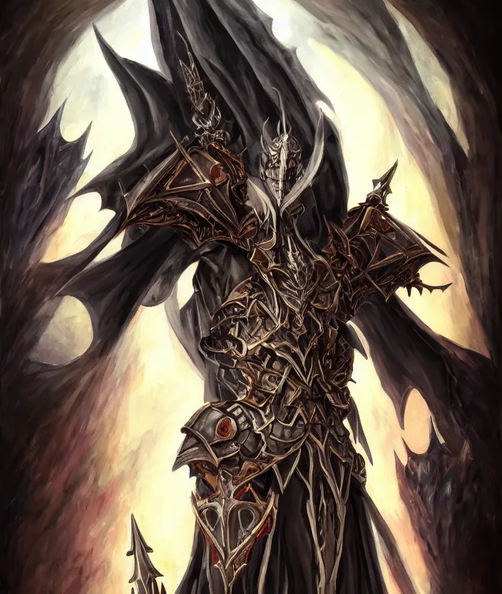 Image similar to overlord anime ainz ooal gown wears daedric armor and casts the ultimate spell, oil painting!!!, runes, overlord!!!, magic, dark, gloomy, portrait, character portrait, concept art, symmetrical, 4 k, macro detail, realistic shadows, bloom, cosplay, anime, dviant art