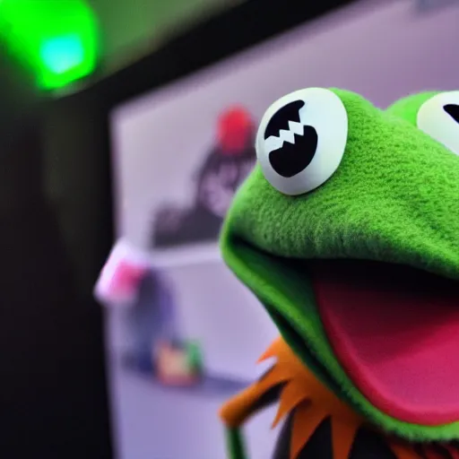 Prompt: A photo of kermit the frog wearing VR, award winning photograph