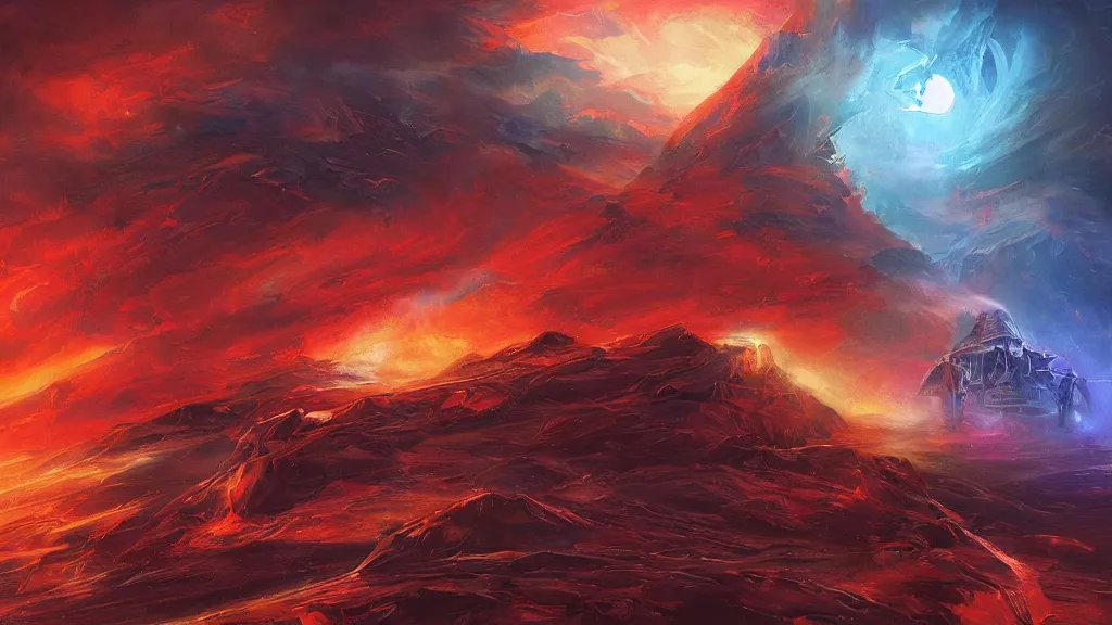 Prompt: A silver spacecraft meet gods of Egypt in giant mode in the tornado over the roaring scarlet red ocean draw by Art station artist Anato Finnstark, blue and orange lighting, foggy atmosphere , Bottom view