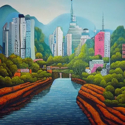 Image similar to Beautiful city of the far future in harmony with nature. Nice colour scheme, soft warm colour. Beautiful painting by Lurid. (2022)