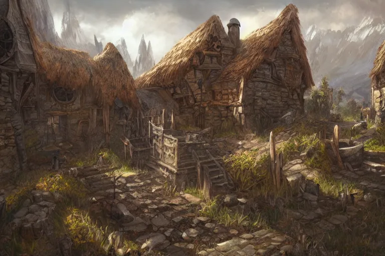 Image similar to A small medieval settlement, fantasy, D&D, concept art, sharp focus, trending on artstation, digital painting, midday, sunny, beautiful, texture, wizards of the coast, tabletop, roleplay